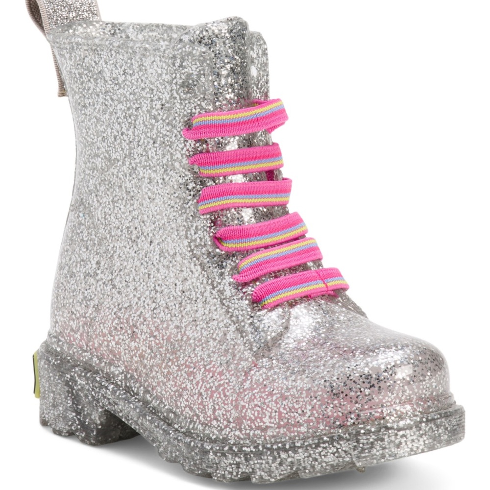 Western Chief Silver Glitter Toddler Rain Boot with Pink Multi Laces